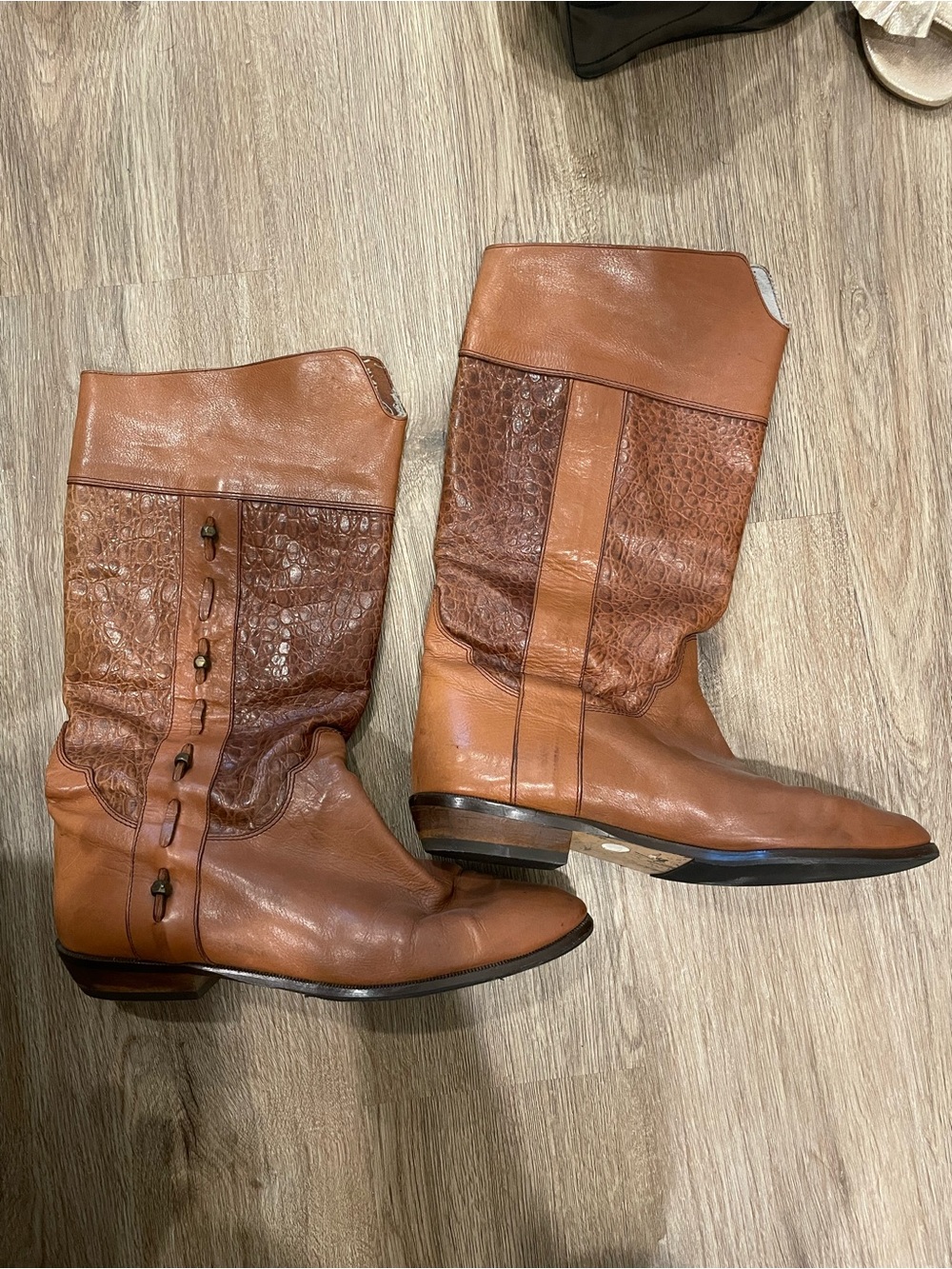 Brown Leather Mid-Calf Boots with Textured Panel